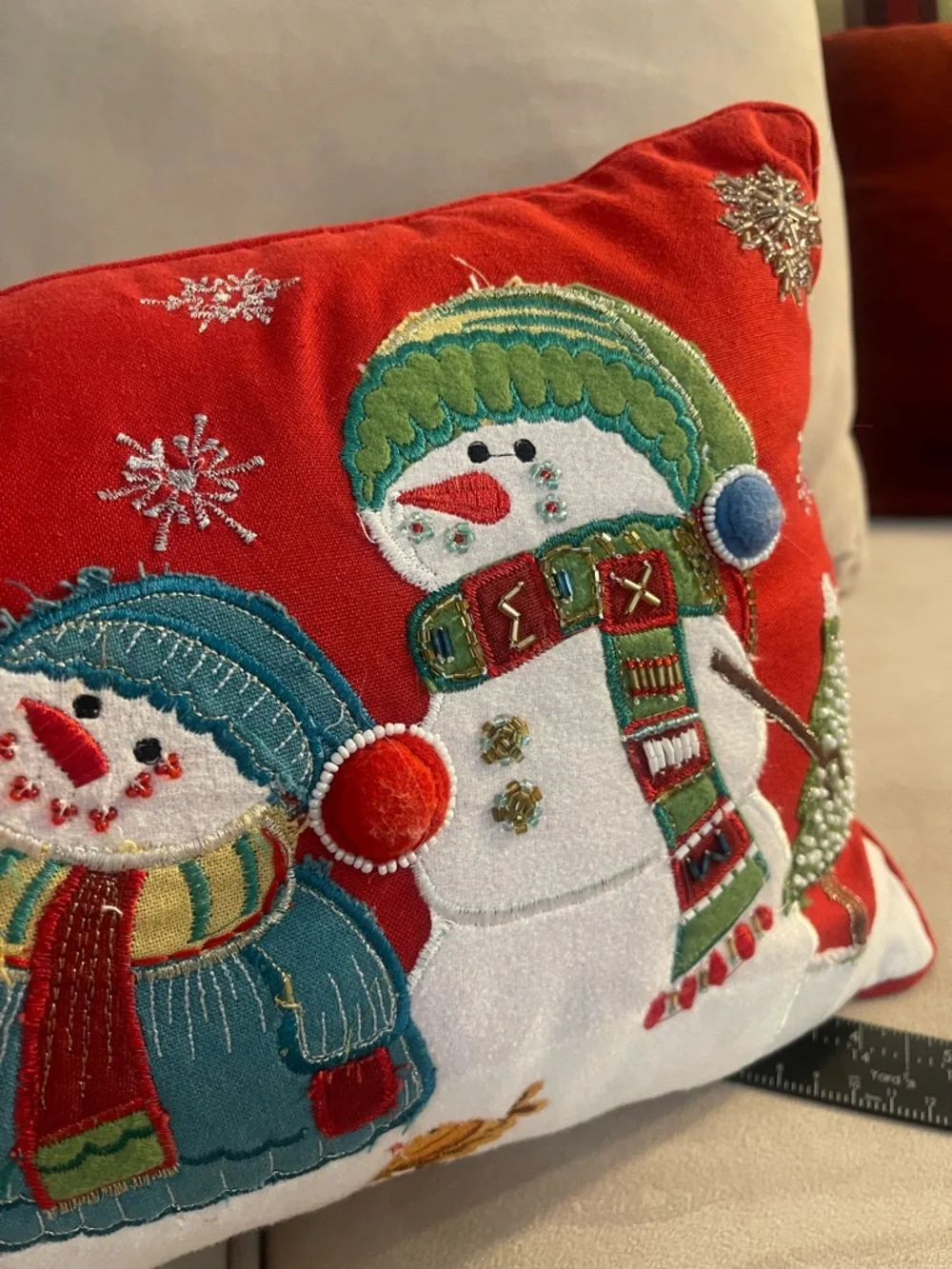 Pier 1 Snowman Christmas Lumbar Pillow Embroidered Beaded Holiday Decor